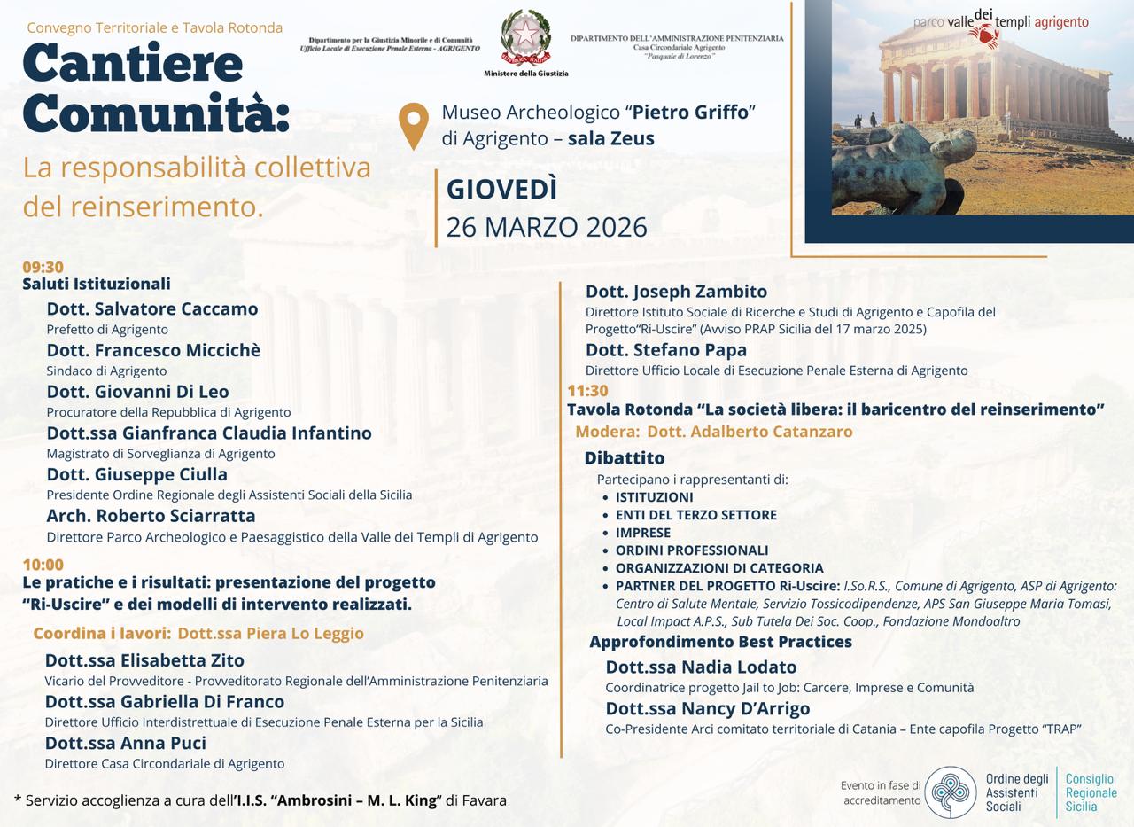 Scopri di più sull'articolo Agrigento, il 26 marzo il convegno “Cantiere Comunità: la responsabilità collettiva del reinserimento”