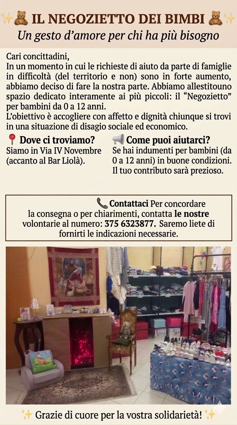 Scopri di più sull'articolo Favara, Già operativo il “Negozietto dei Bimbi”: un gesto d’Amore e Solidarietà nel Cuore della nostra comunità