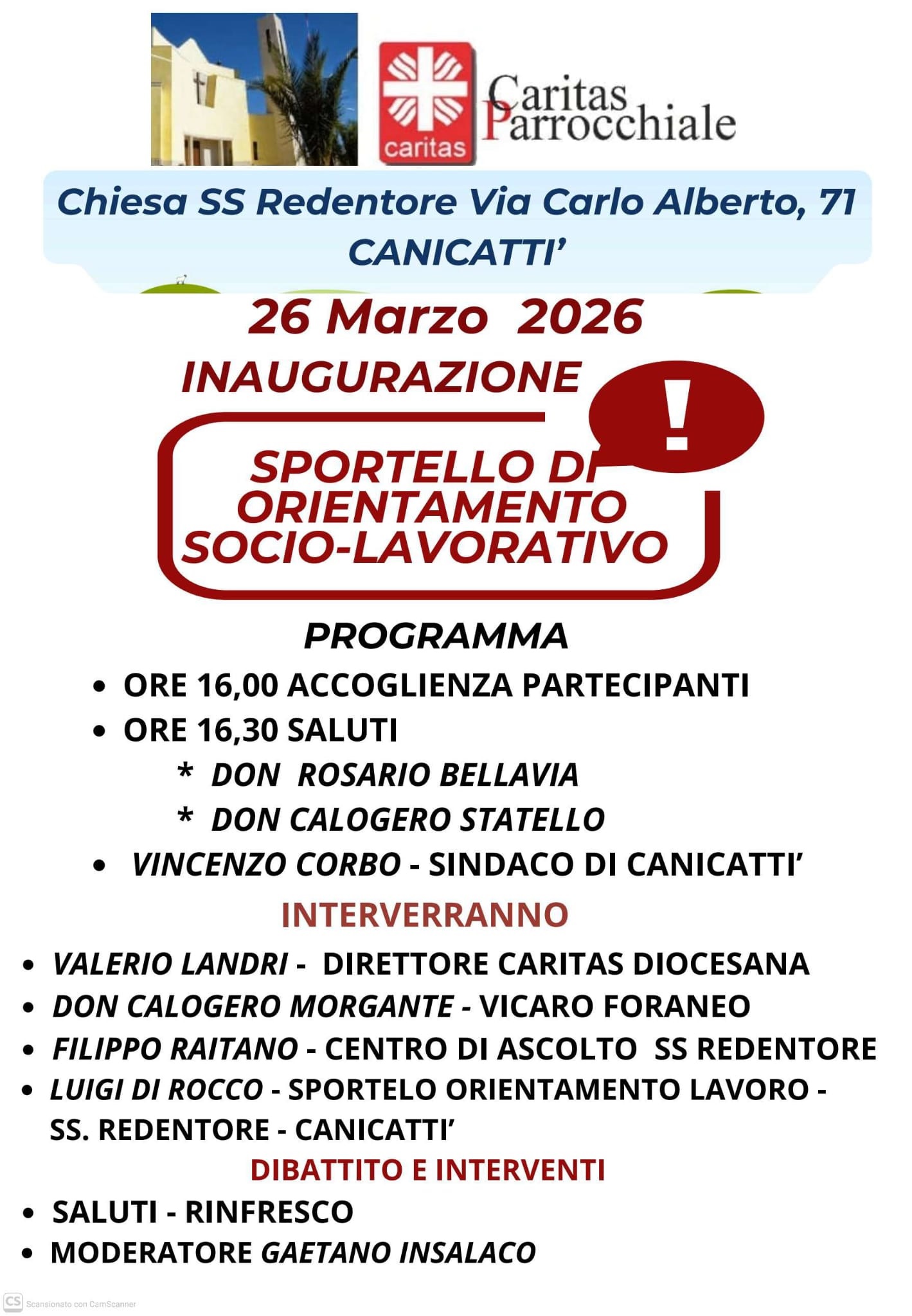 Scopri di più sull'articolo Canicattì, inaugurazione sportello socio-lavorativo Caritas: appuntamento il 26 marzo alla Chiesa SS Redentore