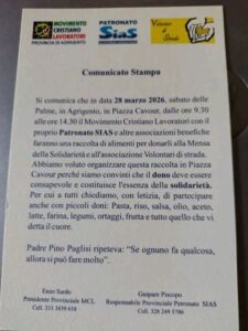 Scopri di più sull'articolo Agrigento, sabato 28 marzo raccolta alimenti in piazza Cavour