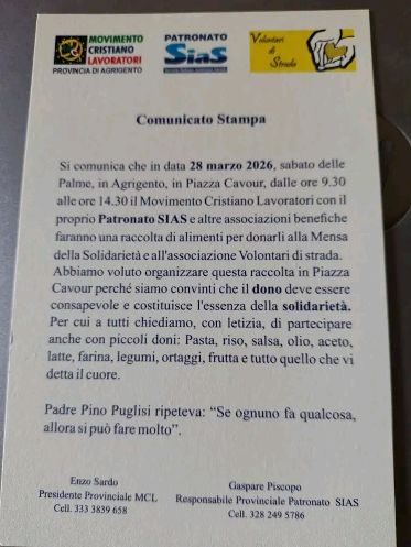 Al momento stai visualizzando Agrigento, sabato 28 marzo raccolta alimenti in piazza Cavour