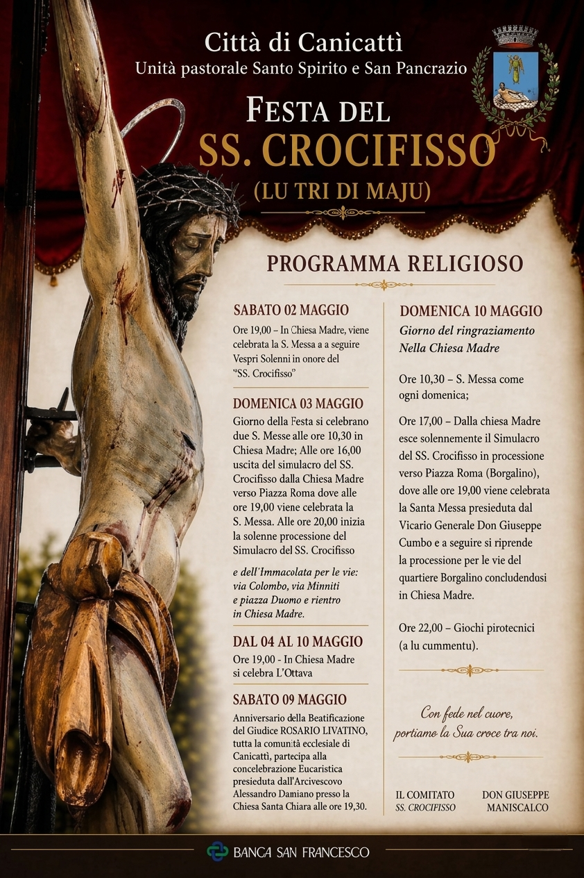 Al momento stai visualizzando Canicattì si prepara alla Festa del SS. Crocifisso: ecco il programma 2026