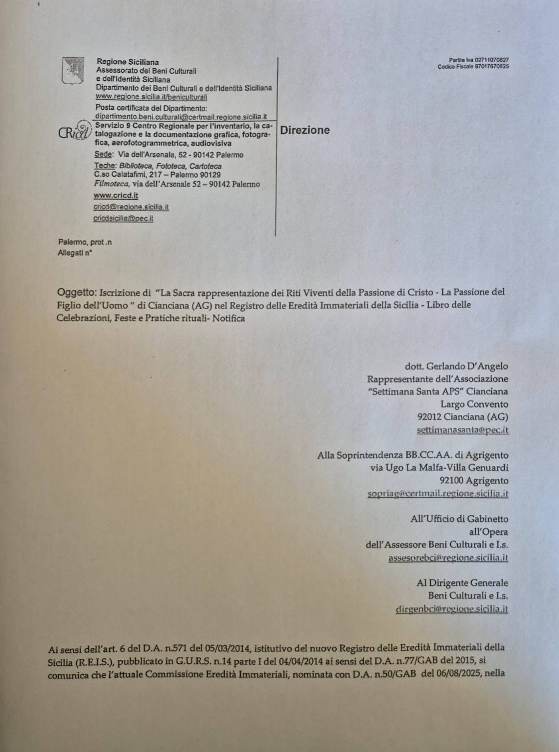 Scopri di più sull'articolo L’Associazione Settimana Santa di Cianciana entra nel Registro delle Eredità Immateriali della Sicilia