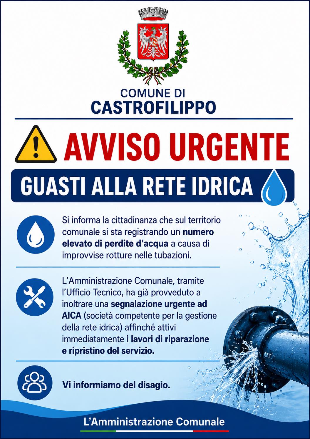 Al momento stai visualizzando Emergenza idrica a Castrofilippo: il sindaco chiede interventi ad Aica