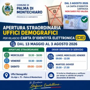 Scopri di più sull'articolo Uffici demografici di Palma aperti per il rilascio della carta d’identità elettronica
