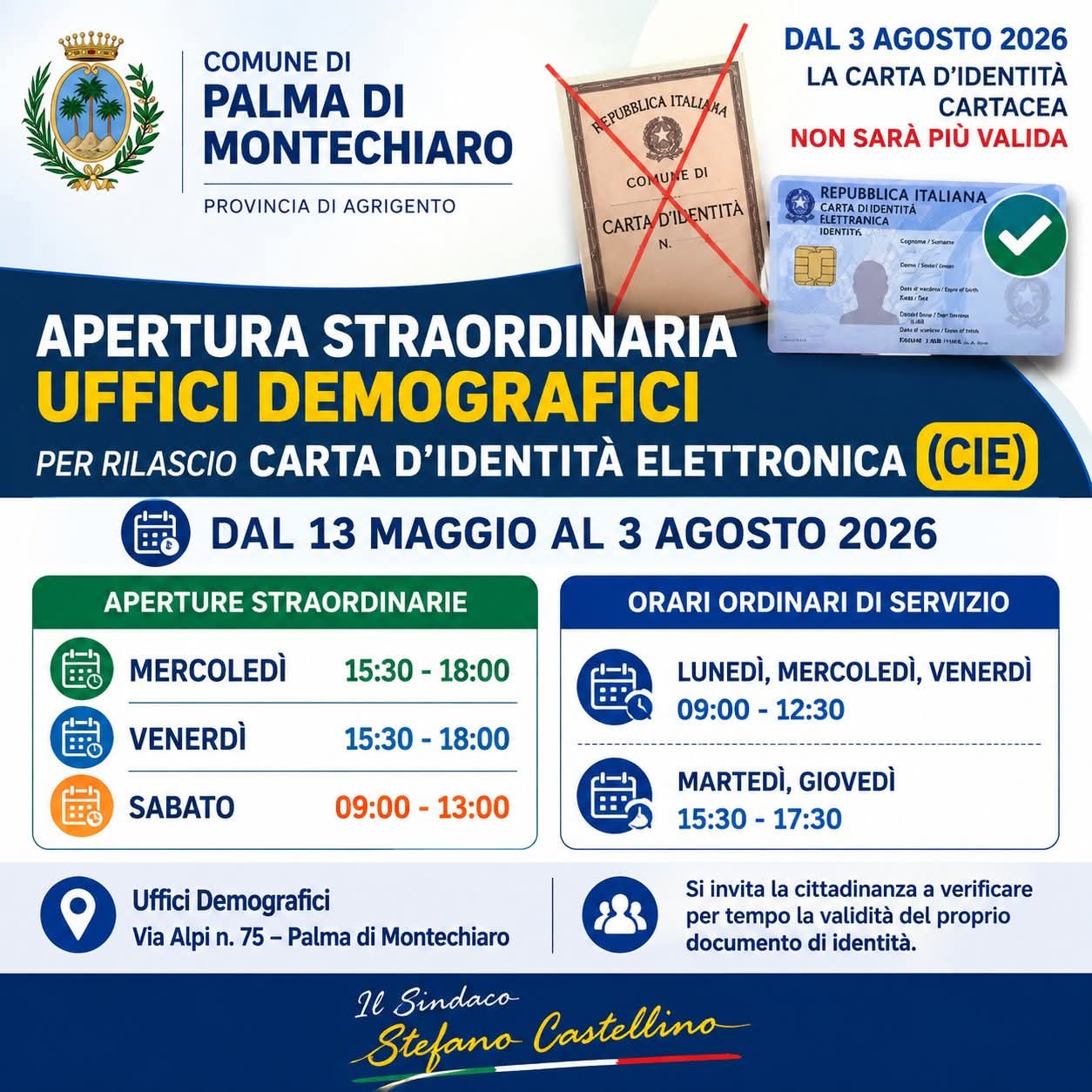 Scopri di più sull'articolo Uffici demografici di Palma aperti per il rilascio della carta d’identità elettronica
