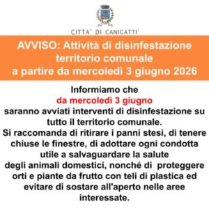 Scopri di più sull'articolo Disinfestazione a Canicattì: avviso ai cittadini dal 3 giugno