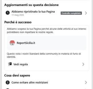 Scopri di più sull'articolo Facebook blocca il profilo di Report Sicilia dopo segnalazioni multiple