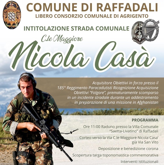 Al momento stai visualizzando A Raffadali una nuova via in onore del Caporal Maggiore Nicola Casà