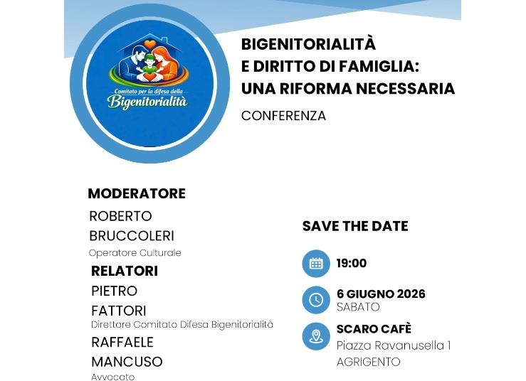 Al momento stai visualizzando Sabato 6 giugno, incontro pubblico del Comitato Difesa Bigenitorialità ad Agrigento