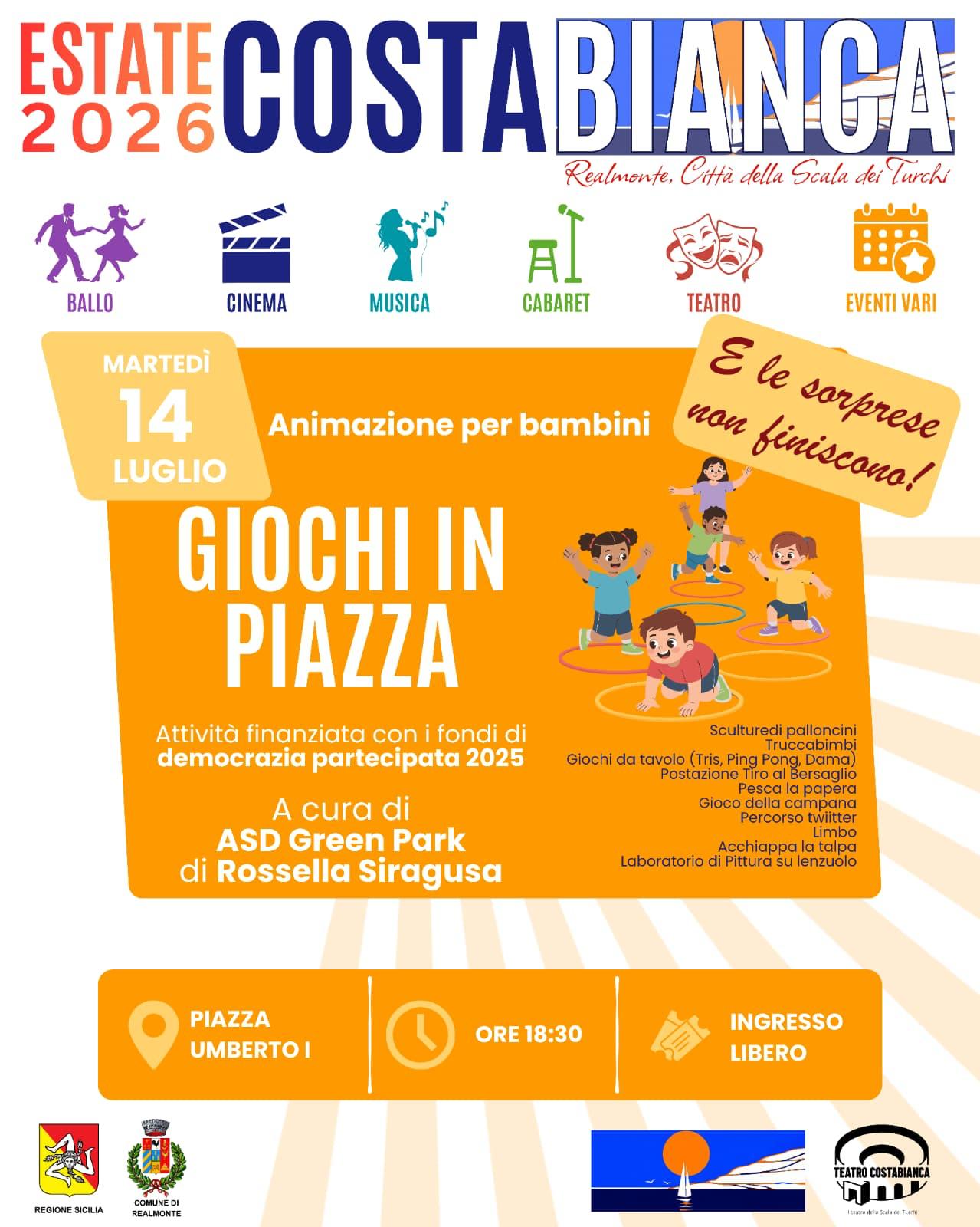 Al momento stai visualizzando Agrigento – Estate Costabianca 2026: a Realmonte arriva “Giochi in Piazza”, un pomeriggio dedicato ai bambini