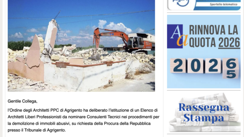 Al momento stai visualizzando Agrigento – Maddalusa, mentre si discute dell’acqua la procura si organizza per le demolizioni: L’ordine degli architetti apre l’elenco dei consulenti
