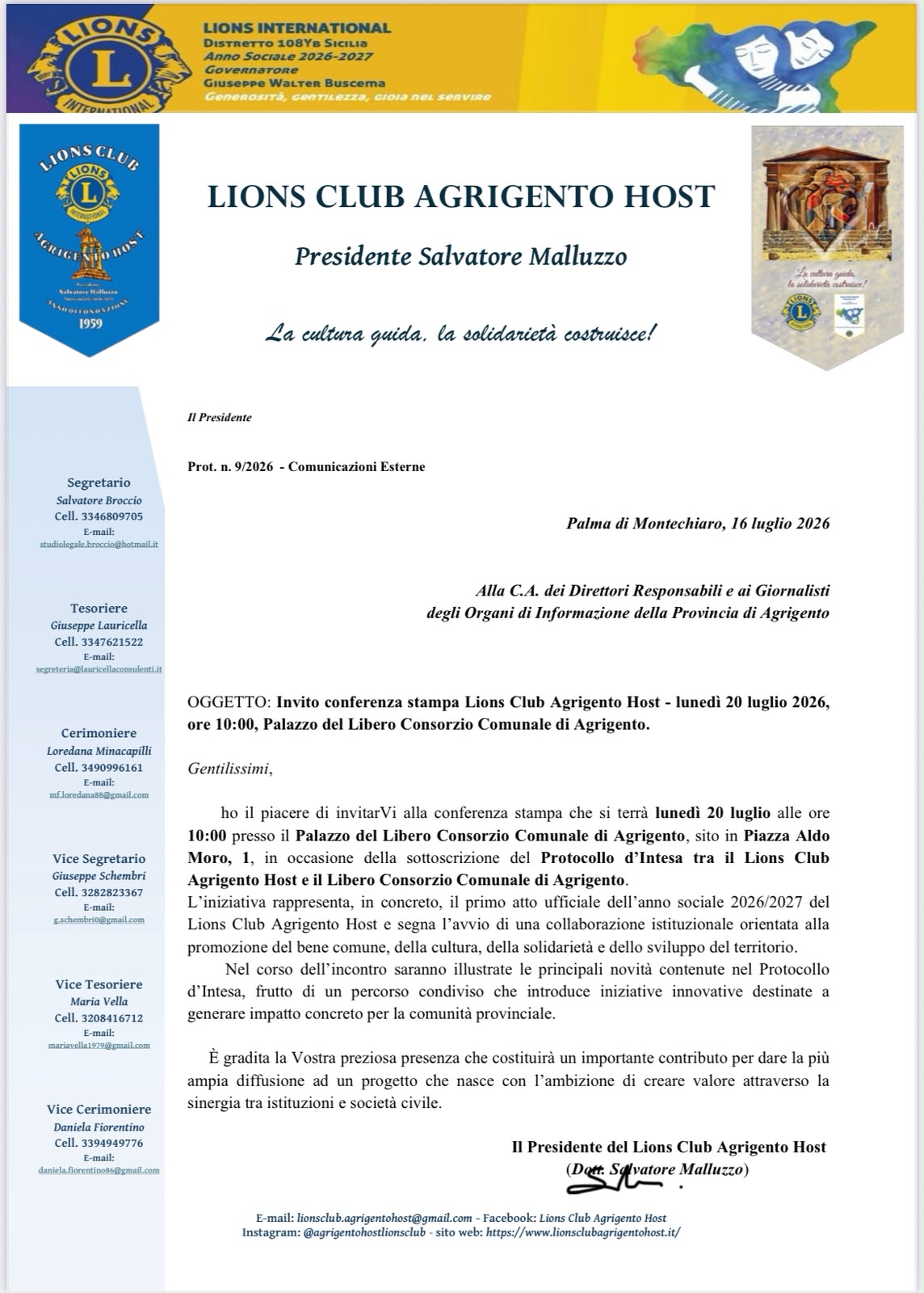 Al momento stai visualizzando Lions Club Agrigento Host, al via il nuovo anno sociale: lunedì 20 luglio la firma del Protocollo d’Intesa con il Libero Consorzio
