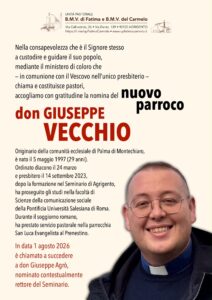 Scopri di più sull'articolo Agrigento, don Giuseppe Vecchio è il nuovo parroco dell’Unità Pastorale B.M.V. di Fatima e B.M.V. del Carmelo