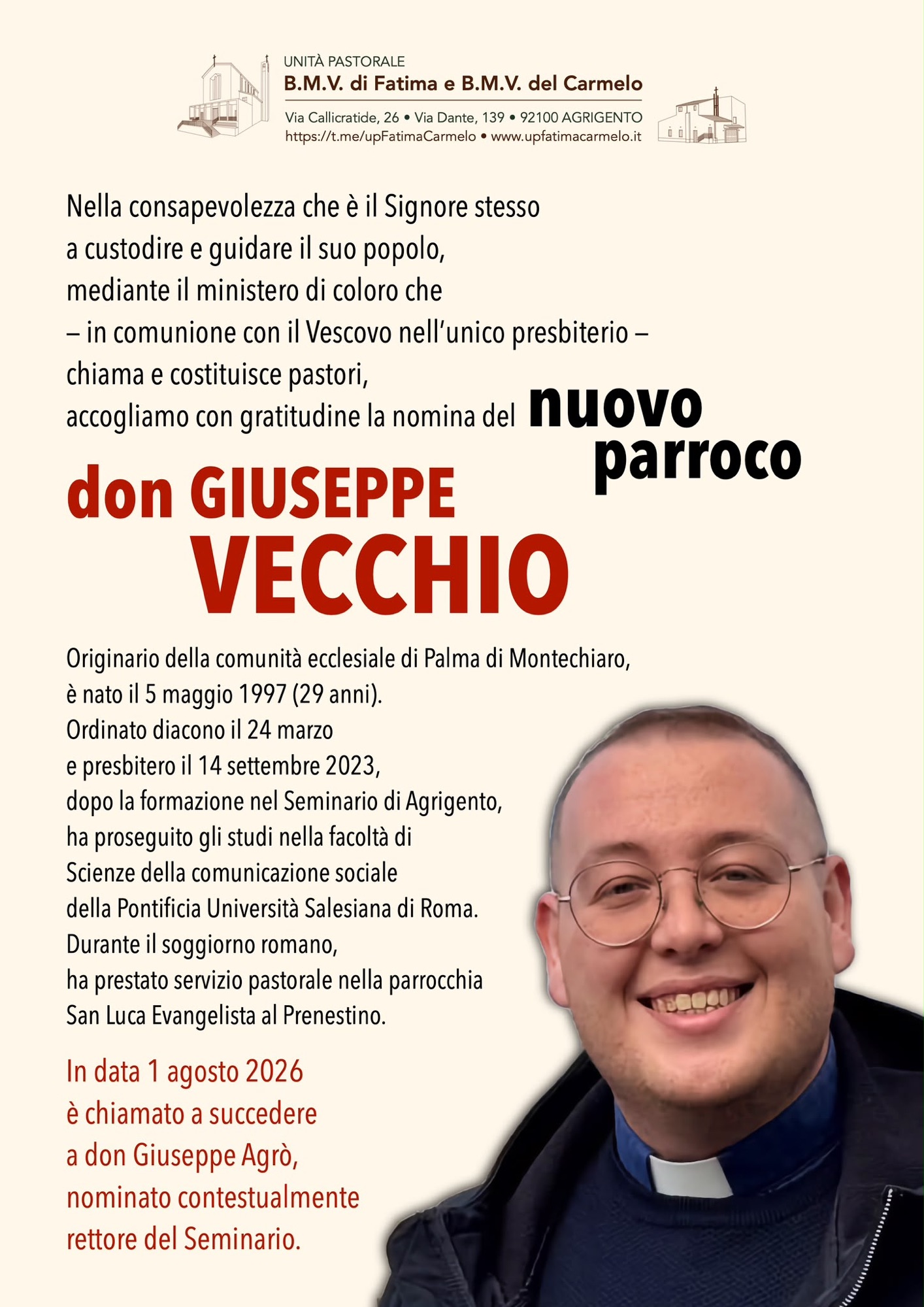Al momento stai visualizzando Agrigento, don Giuseppe Vecchio è il nuovo parroco dell’Unità Pastorale B.M.V. di Fatima e B.M.V. del Carmelo