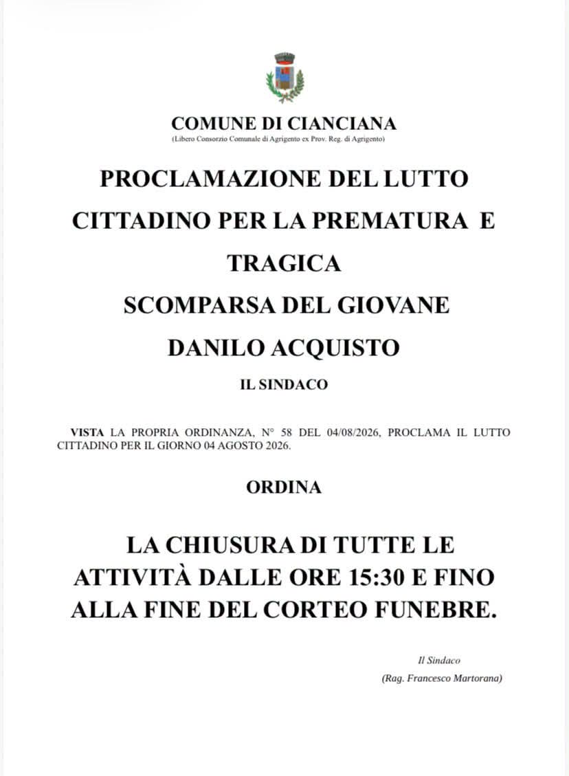 Al momento stai visualizzando Agrigento – Cianciana, lutto cittadino per il giovane Danilo