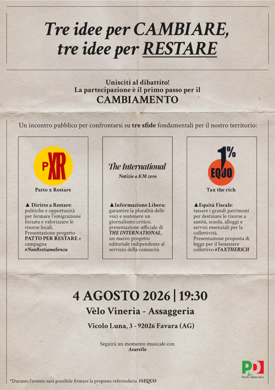 Al momento stai visualizzando Agrigento – Favara, il Pd invita al convegno “Tre idee per CAMBIARE, tre idee per RESTARE”