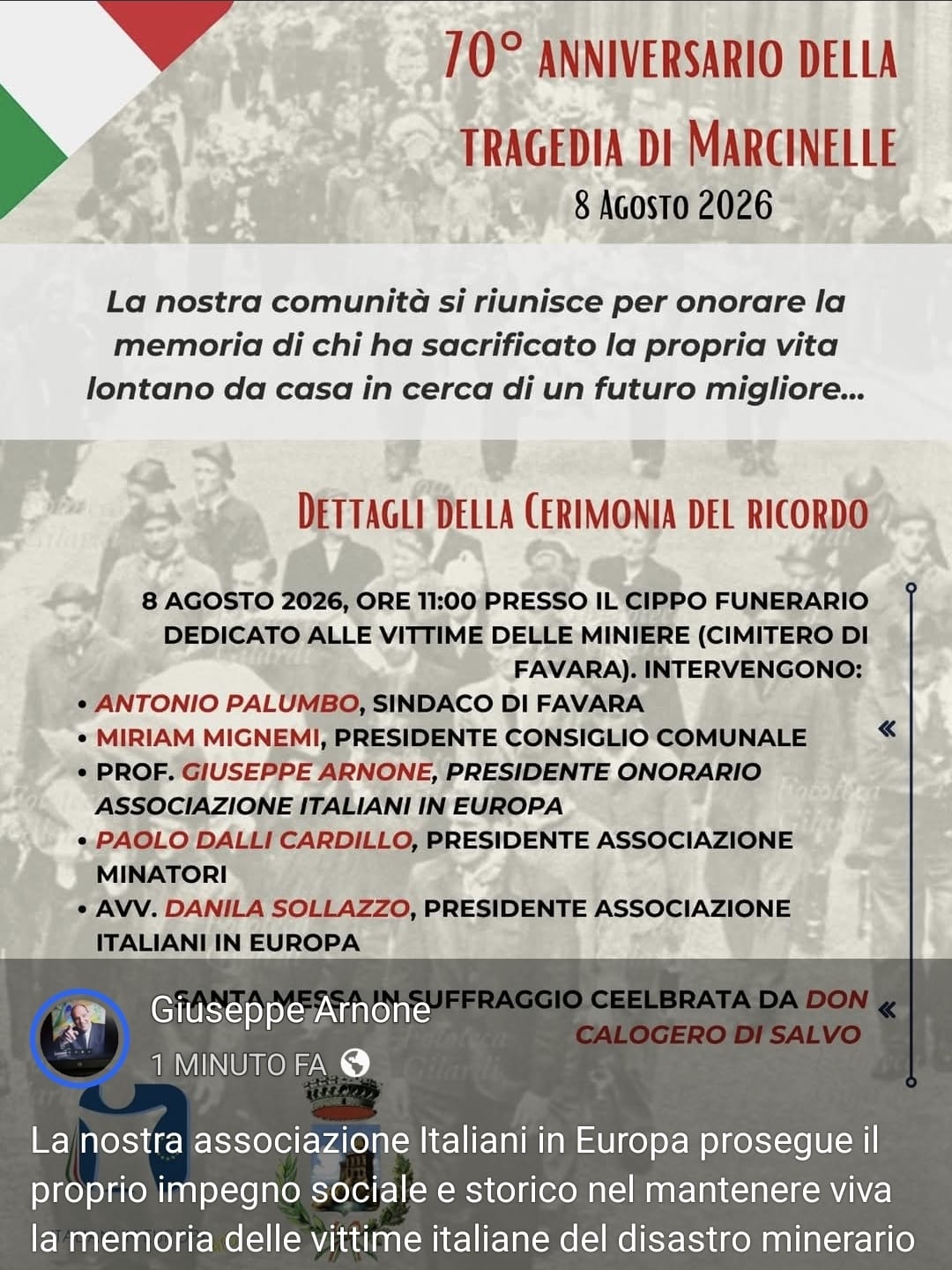 Al momento stai visualizzando Agrigento – 70° Anniversario della Tragedia di Marcinelle: Favara Ricorda il Sacrificio dei Minatori