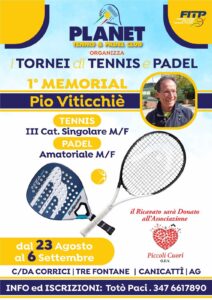 Scopri di più sull'articolo Agrigento – Canicattì, al via il 1° Memorial Pio Viticchiè: tennis e padel nel segno della solidarietà
