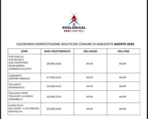 Scopri di più sull'articolo Agrigento, nuova tranche di disinfestazione: interventi dal 25 al 29 agosto