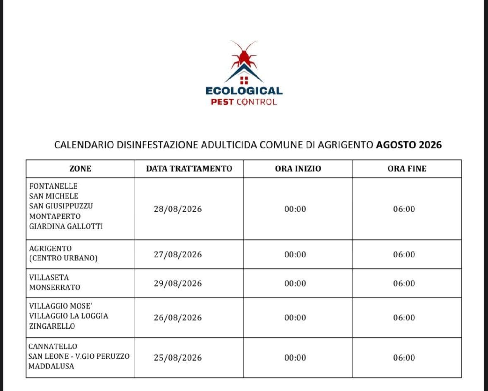 Al momento stai visualizzando Agrigento, nuova tranche di disinfestazione: interventi dal 25 al 29 agosto
