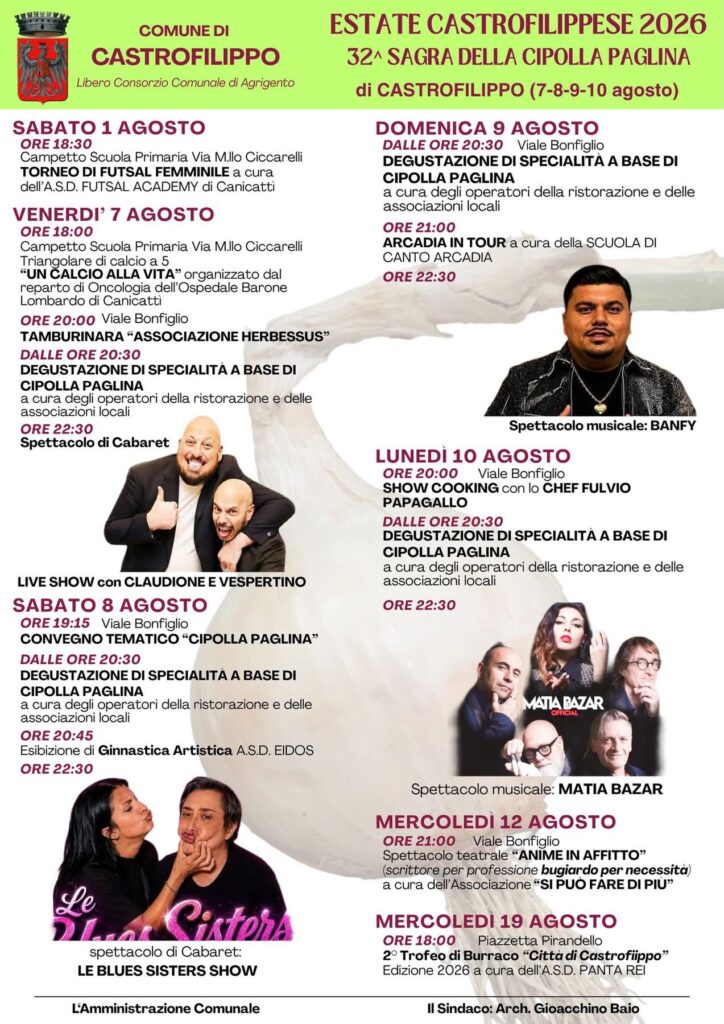 Al momento stai visualizzando Agrigento – Castrofilippo, sagra cipolla paglina: stasera cabaret, lunedì i Matia Bazar