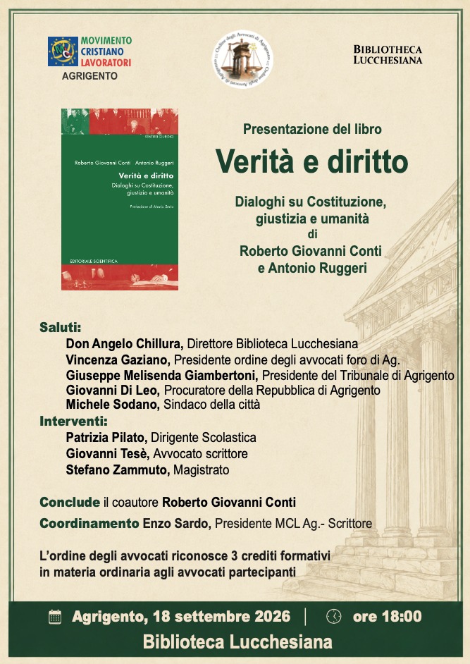 Al momento stai visualizzando Agrigento – “ Verità e diritto” alla Biblioteca Lucchesiana
