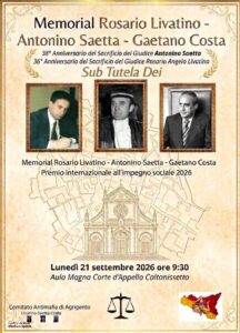 Scopri di più sull'articolo Agrigento – Lunedì 21 settembre il Memorial Livatino-Saetta-Costa 2026
