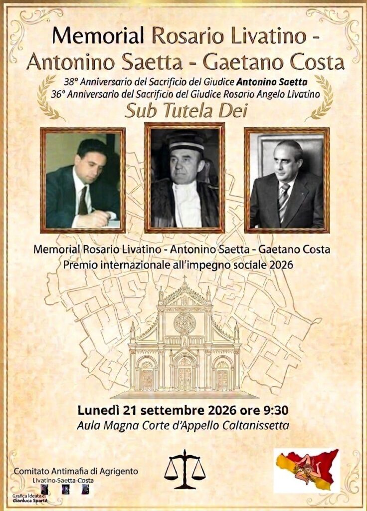 Al momento stai visualizzando Agrigento – Lunedì 21 settembre il Memorial Livatino-Saetta-Costa 2026