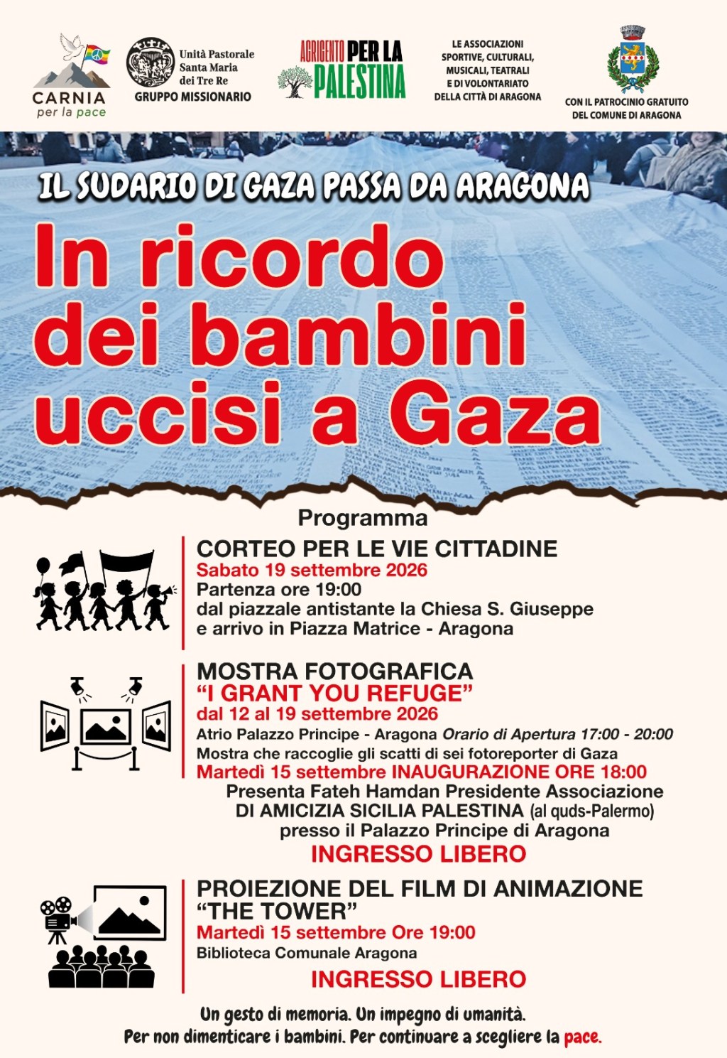 Al momento stai visualizzando Agrigento – “Il sudario di Gaza passa da Aragona” corteo e mostra per le vittime di guerra