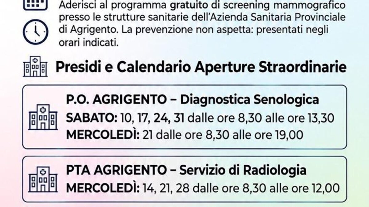 Al momento stai visualizzando Agrigento – Open day per lo screening mammografico: aperture straordinarie con esami gratuiti nei presidi della provincia